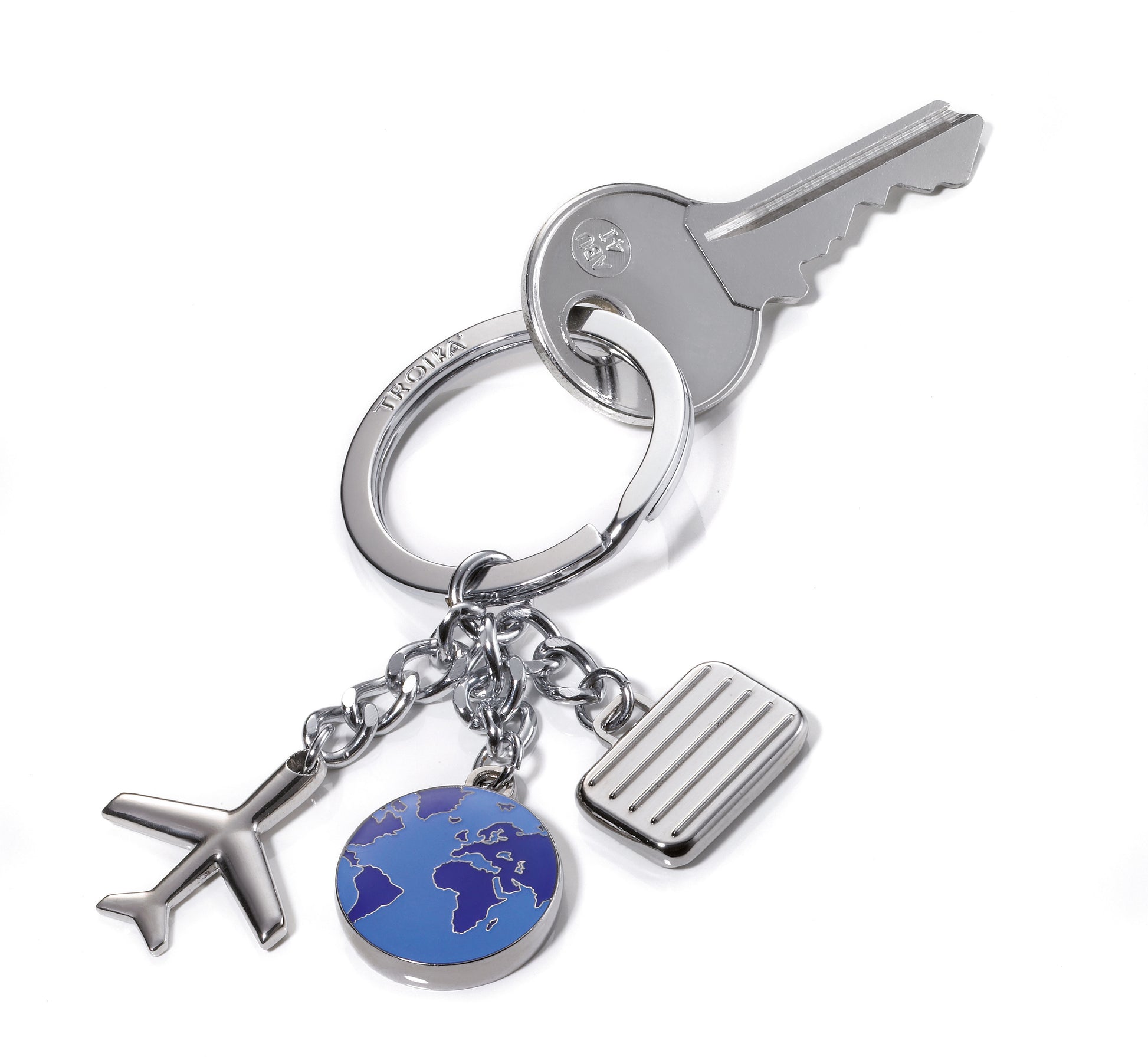 TROIKA Schlüsselanhänger Weltenbummler, Weltkugel – Chrom/Metall, Blau/Silber, 35 × 85 mm