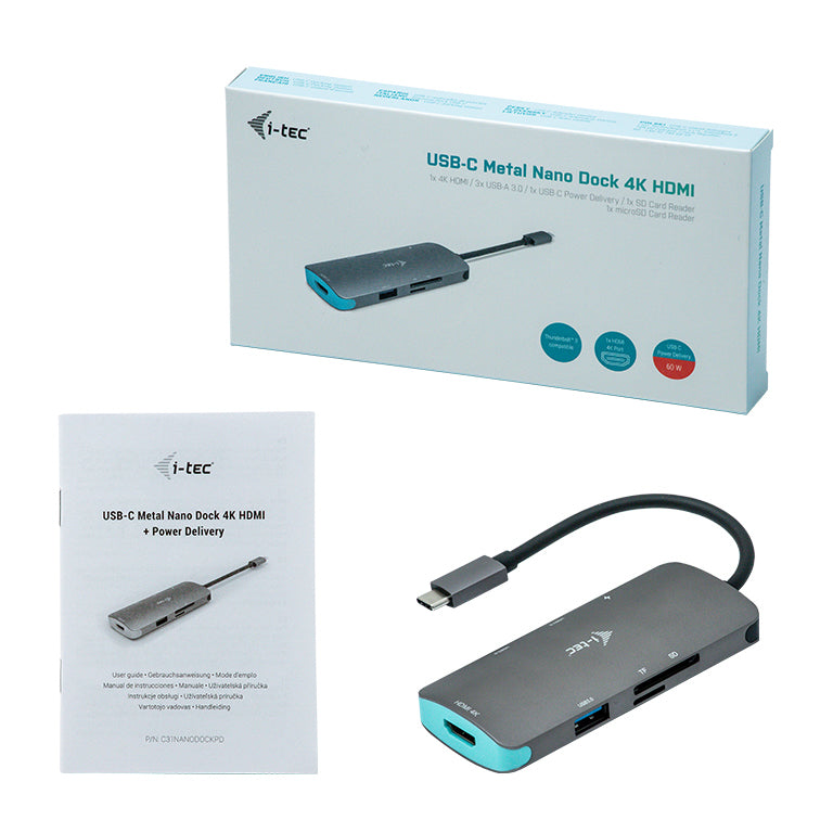 i-tec Metal Nano Dockingstation – USB-C, 1× HDMI, 3× USB-A, 100 W PD, SD/microSD, für Windows/Mac/Linux
