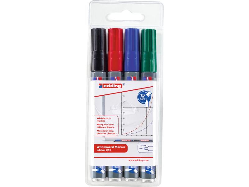 Edding Whiteboard-Marker 250 – Rundspitze 1,5-3 mm – Sortiert – 4er-Set – Trocken abwischbar