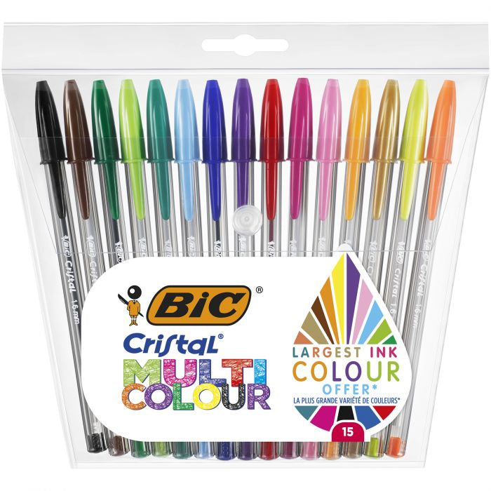 BIC Cristal Multi Colour Kugelschreiber – 15er Pack, Mehrfarbig, Spitze 0,3 mm, Deckel