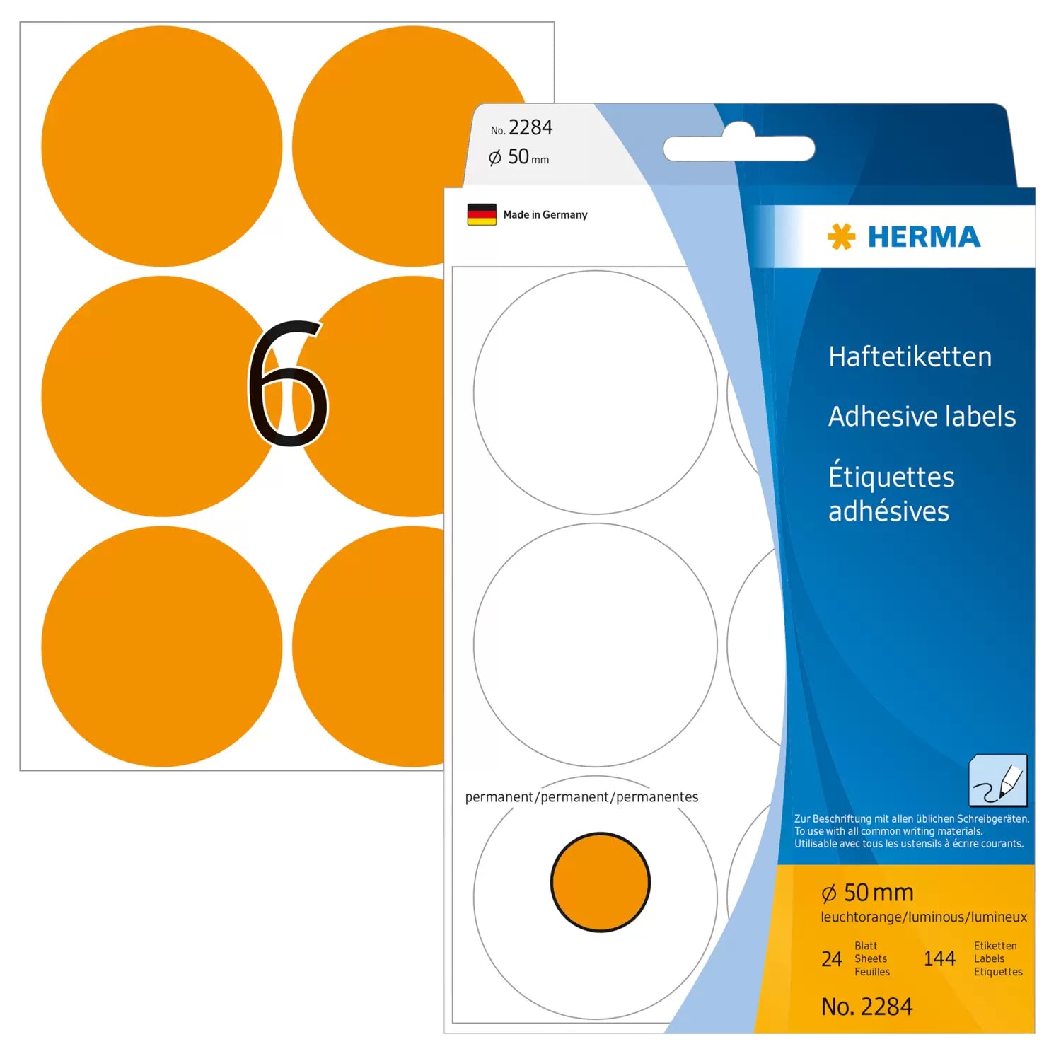 HERMA Schmucketiketten – Motiv Leuchtorange – Papier, 144 Stk, 24 Bogen, Ø 50 mm, permanent haftend