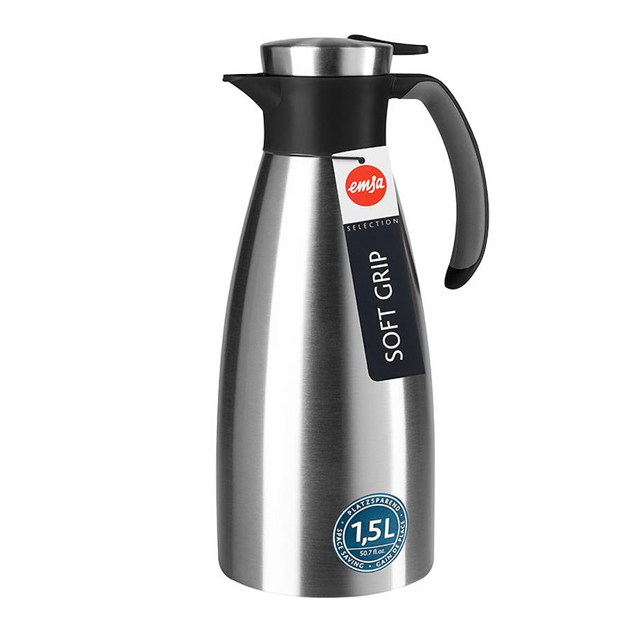 EMSA Thermoskanne Soft Grip – 1,5 l, Edelstahl, Schwarz, auslaufsicher