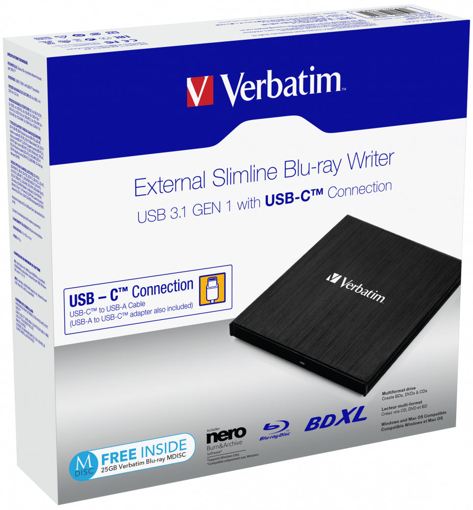 Verbatim Slimline Blu-ray Writer USB-C – für BD/BD-R/BD-R DL/BDXL, DVD, CD, MDISC