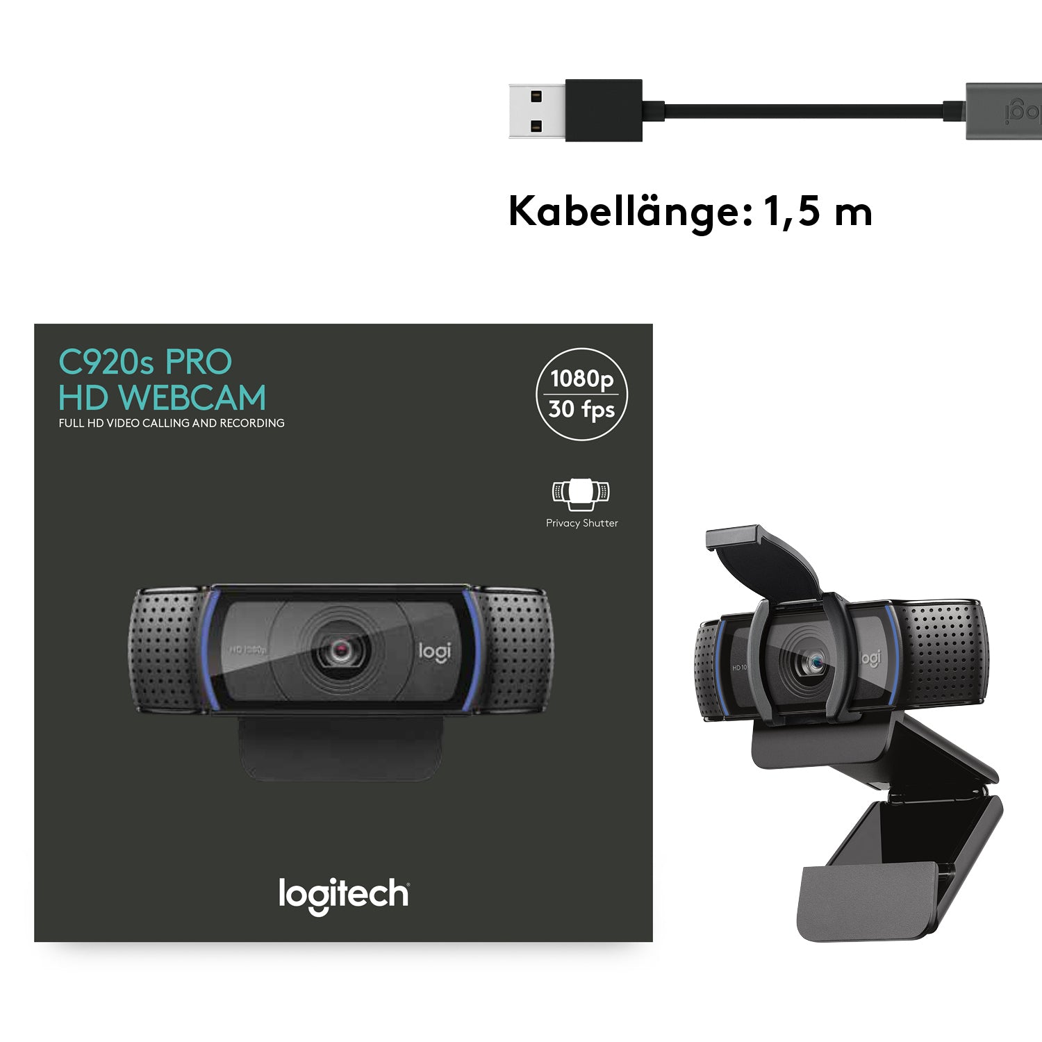 Logitech C920S PRO Webcam – Full HD, 30 fps, USB, Autofokus, Abdeckung, 78°, Schwarz, für Windows & macOS