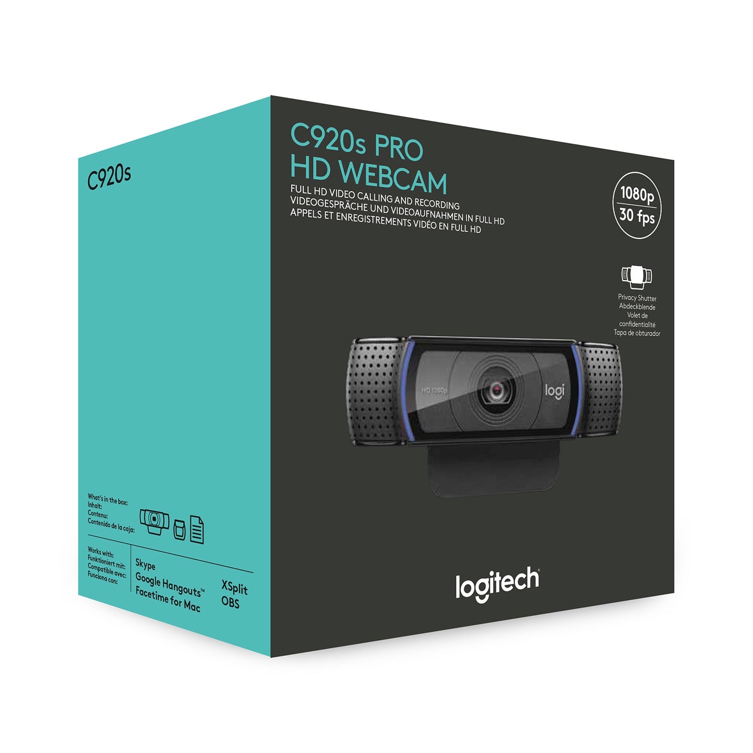 Logitech C920S PRO Webcam – Full HD, 30 fps, USB, Autofokus, Abdeckung, 78°, Schwarz, für Windows & macOS