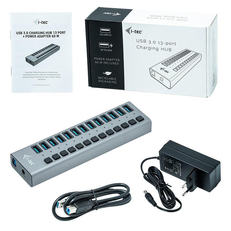 i-tec Ladegerät – 60 W, 13× USB-A, mit externem Netzteil – für Tablets, Notebooks, Ultrabooks