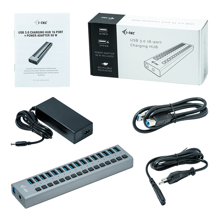 i-tec Ladegerät – 90 W, 16× USB-A, USB 3.0 – für Notebooks, PCs, Tablets