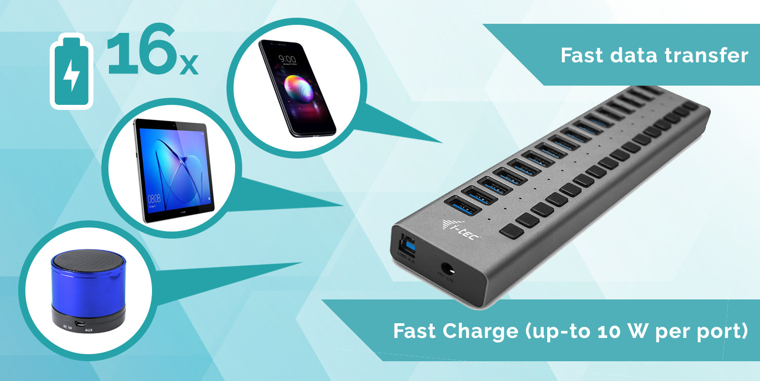 i-tec Ladegerät – 90 W, 16× USB-A, USB 3.0 – für Notebooks, PCs, Tablets