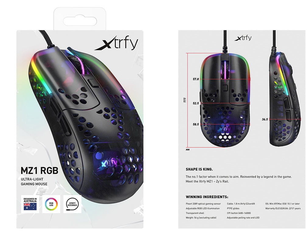 CHERRY XTRFY MZ1 – Gaming-Maus – Kabelgebunden (USB‑A), 16000 DPI, RGB-Beleuchtung, beidhändig, Schwarz