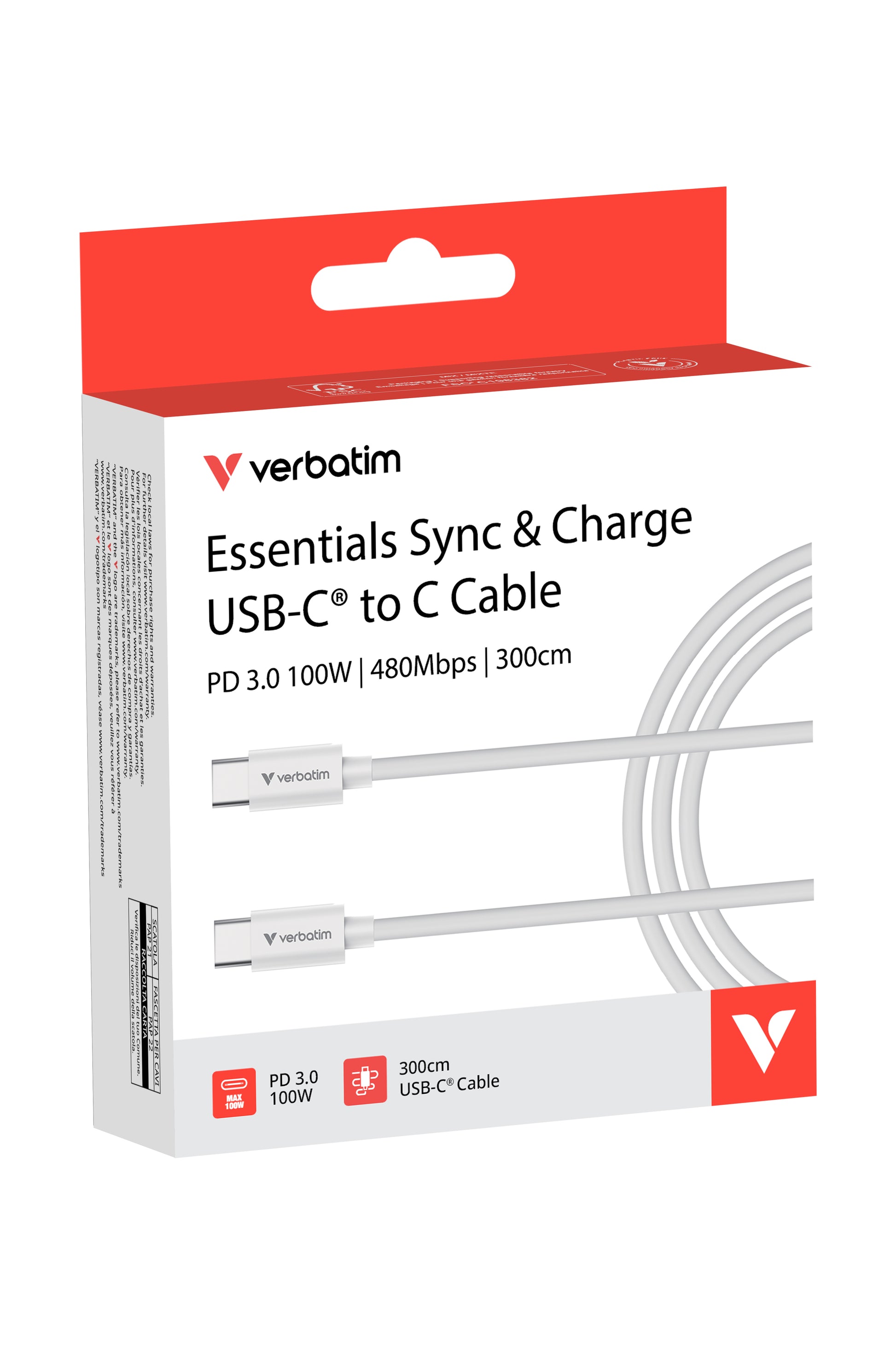 Verbatim USB-C auf USB-C Kabel – USB 2.0 (480 Mbit/s) – 3 m – PD 100 W – Weiss