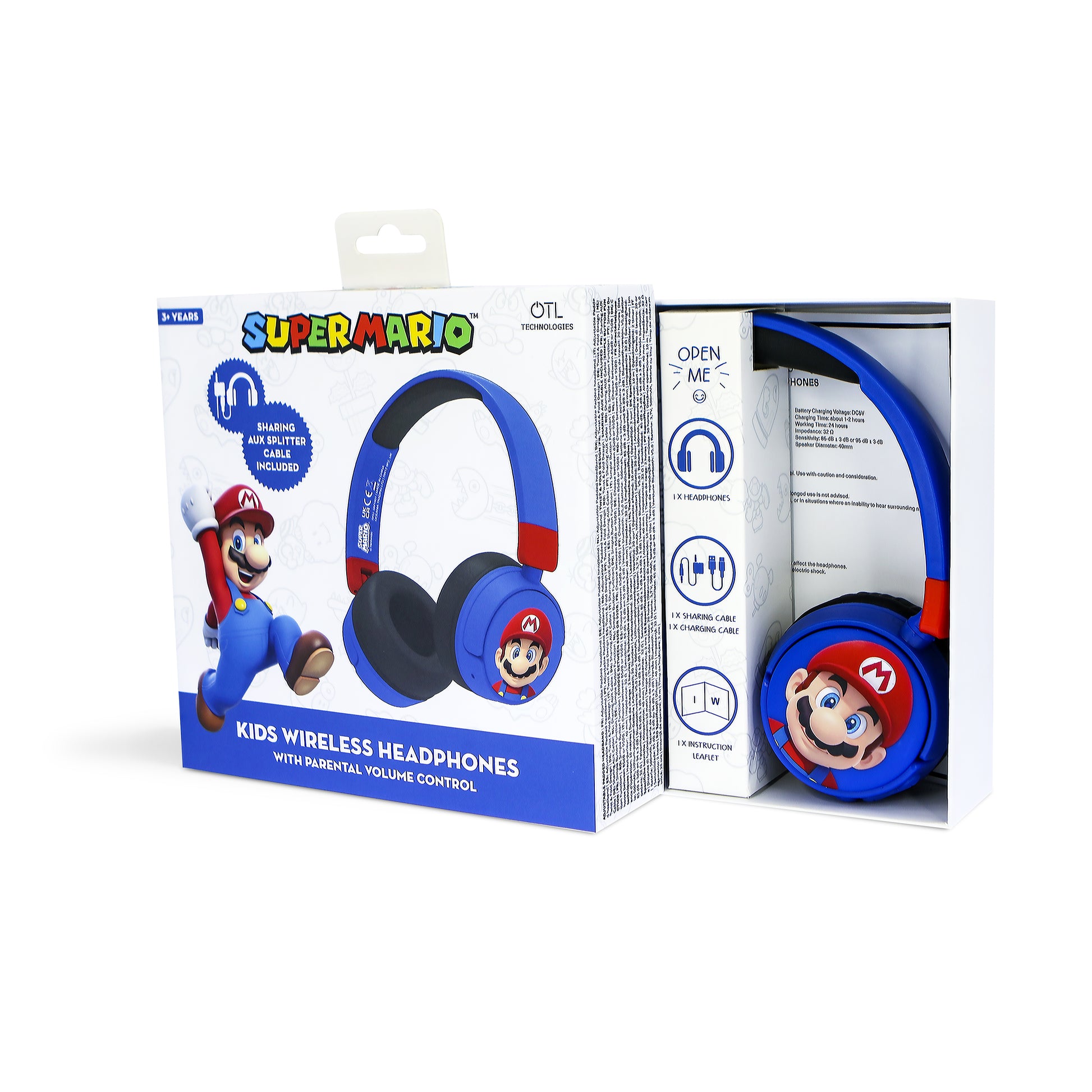 OTL Technologies OTL Super Mario V2 – Gaming-Headset (On-Ear) – Bluetooth 5.1 – für Kinder, Blau/Rot – bis 24 h