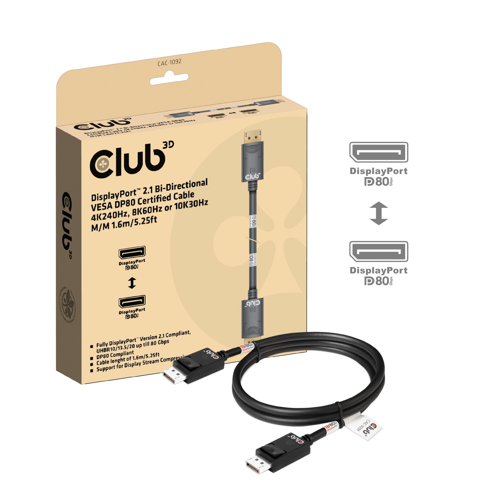 CLUB3D DisplayPort Kabel DP 2.1 10K 60 Hz – 1,6 m