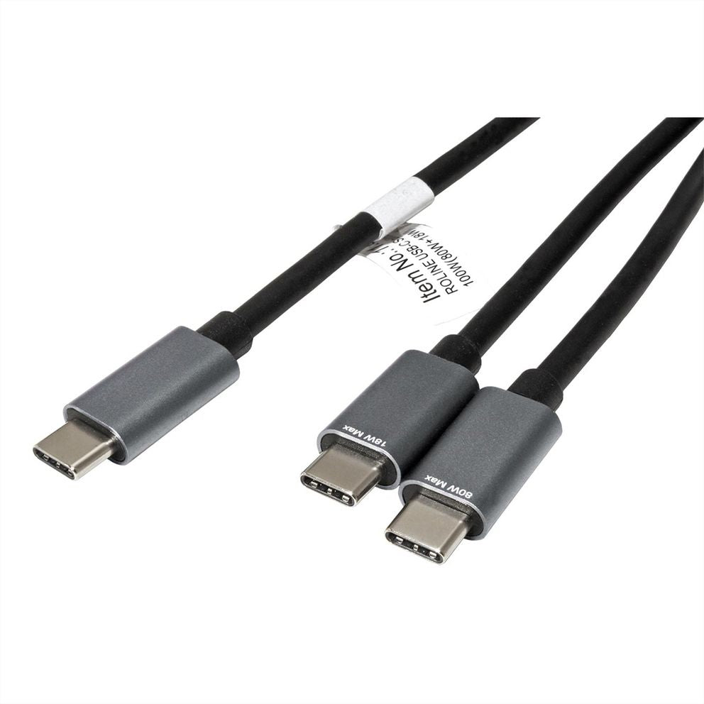 ROLINE USB-C auf 2× USB-C Kabel – USB 2.0 (480 Mbit/s) – 1,85 m – PD 100 W – Geschirmt – Schwarz