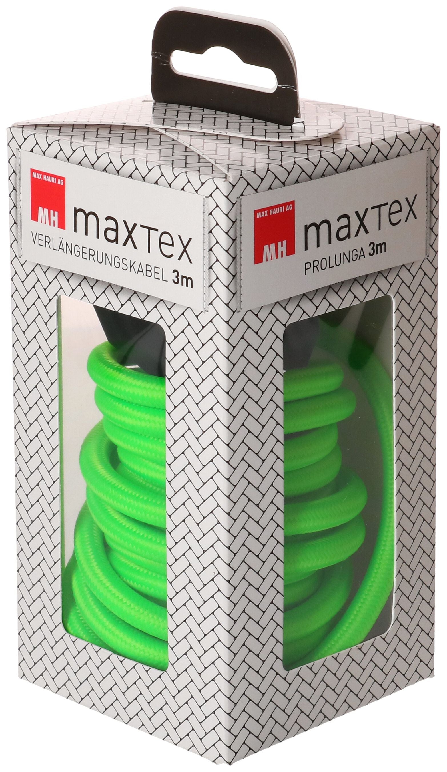MaxTex Verlängerungskabel – T12–T13, 3 m, 3×1 mm², Textilmantel, Neongrün