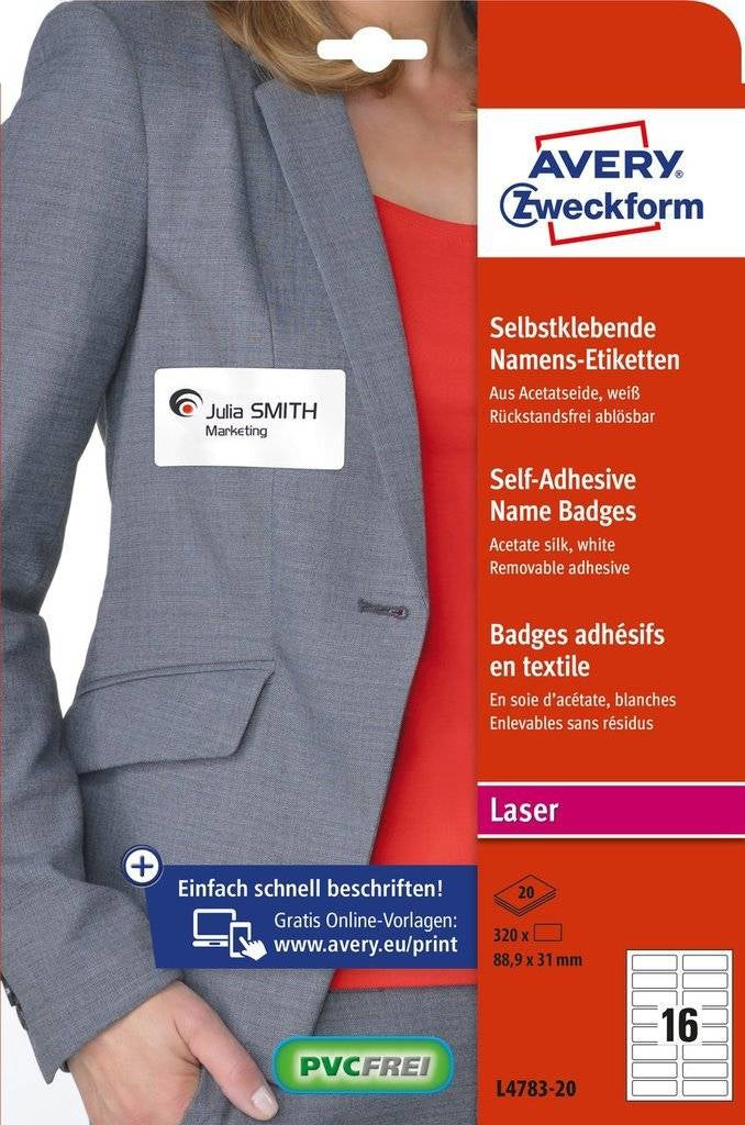 Avery Textiletiketten, 89 mm × 31 mm, weiss, Textil, selbstklebend, 320 Etiketten (20 Blatt)