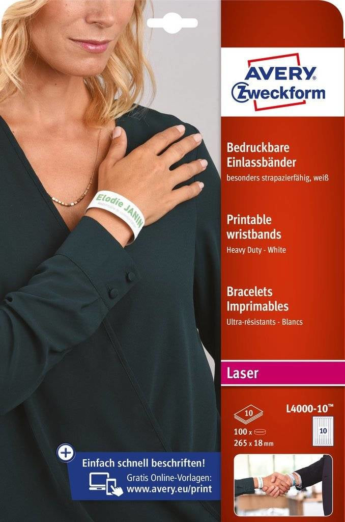 AVERY ZWECKFORM Krankenhaus-Armband – 0,71″ × 10,43″, Längsperforation, Weiss, 100 Einlassbänder