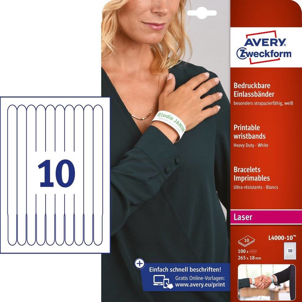 AVERY ZWECKFORM Krankenhaus-Armband – 0,71″ × 10,43″, Längsperforation, Weiss, 100 Einlassbänder