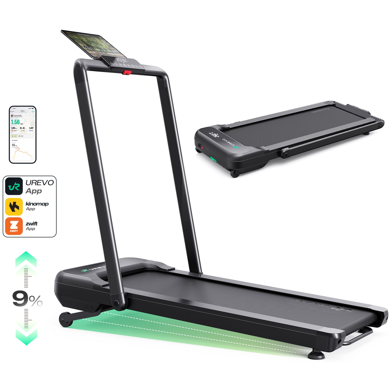 Urevo Strol – Laufband 2S Pro, 120 kg, Laufbereich 42 × 108 cm – Schwarz