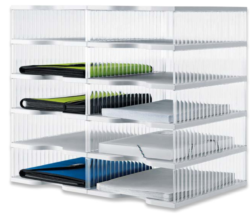 Styro Briefkorb – mit Beschriftungsfeld, transparent, B 600 × H 528 × T 400 mm, Serie Duo-Tower