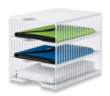 Styro Briefkorb – 3 Fächer, stapelbar, mit Griffausschnitt, transparent, B 300 × H 322 × T 400 mm