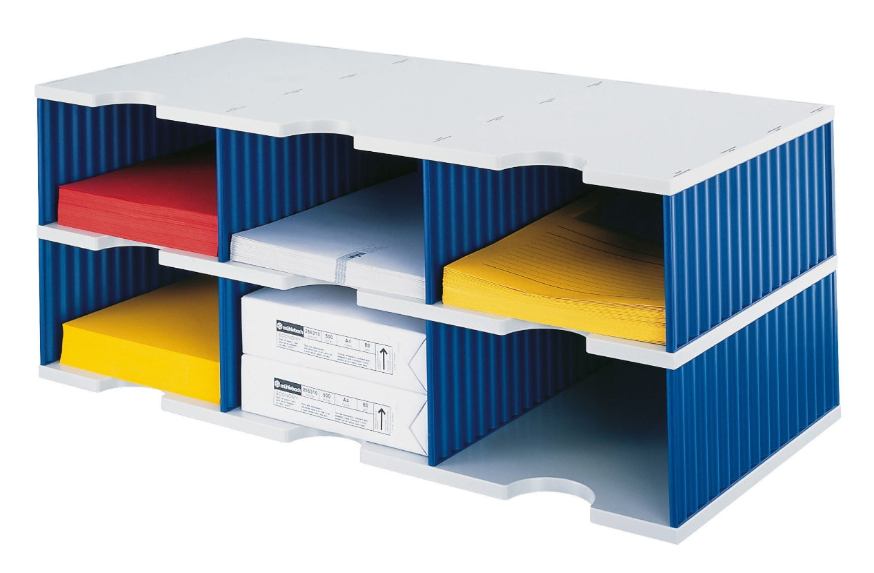 Styro Briefkorb – mit Griffausschnitt, mit Beschriftungsfeld, blau/grau, B 723 × H 293 × T 331 mm