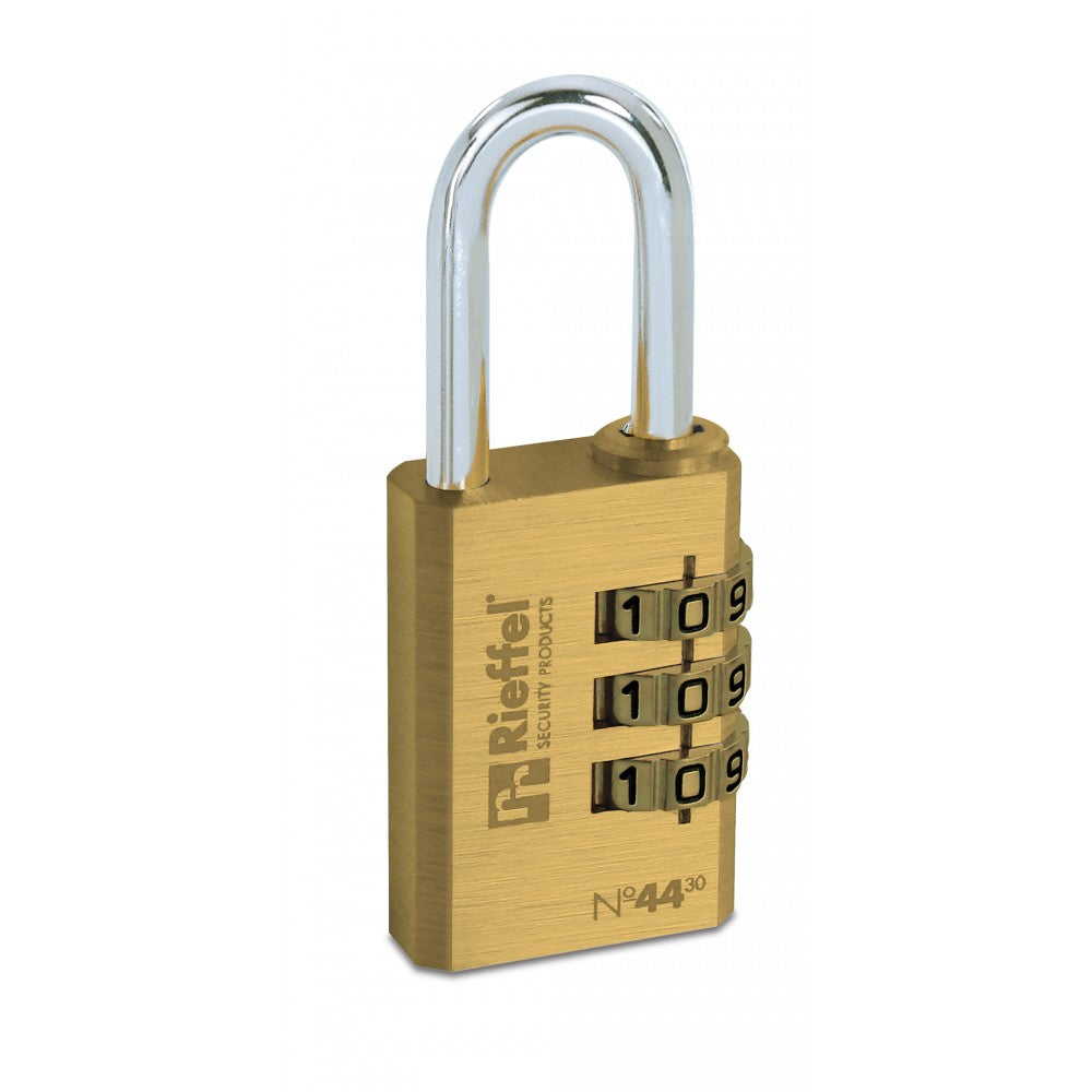 Rieffel 44/30 SB Kombinationsschloss – Aussen, Messing, Bügel H×B 28,5×30 mm, Ø5,1 mm