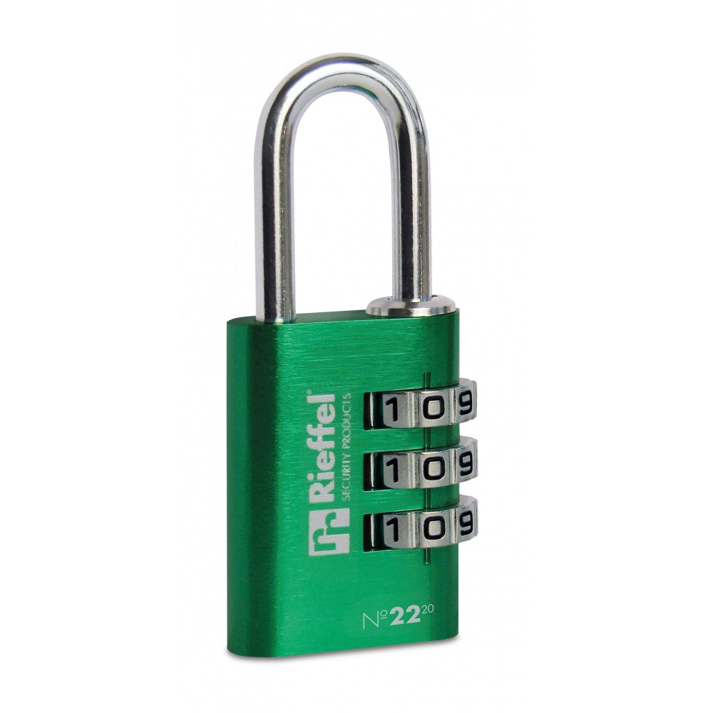 Rieffel Nr. 22 Kombinationsschloss – 3-stellig, Aluminium, Bügelhöhe 21 mm, Ø3 mm, Grün