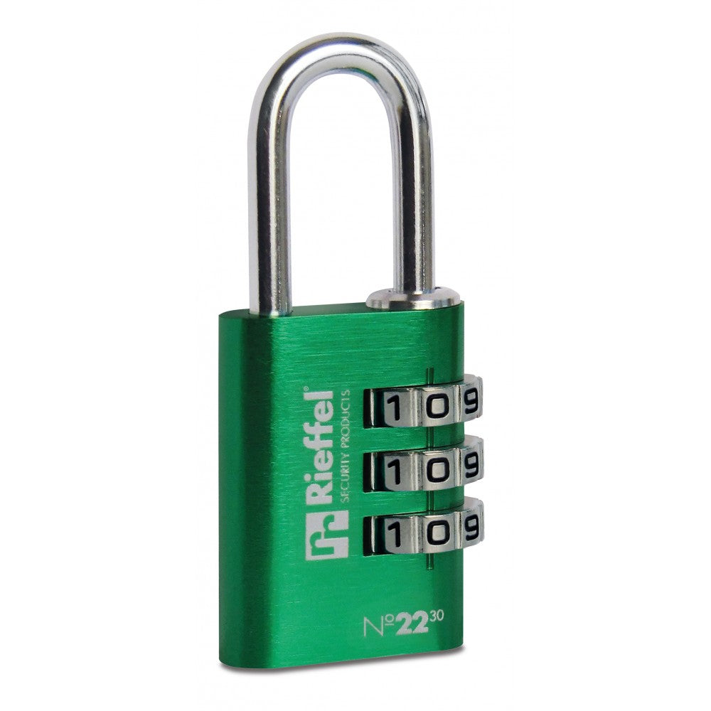 Rieffel 22/30 SB Kombinationsschloss – 3-stellig, Aluminium, Schäkeldurchmesser 5,1 mm, Korpusbreite 30 mm, Grün