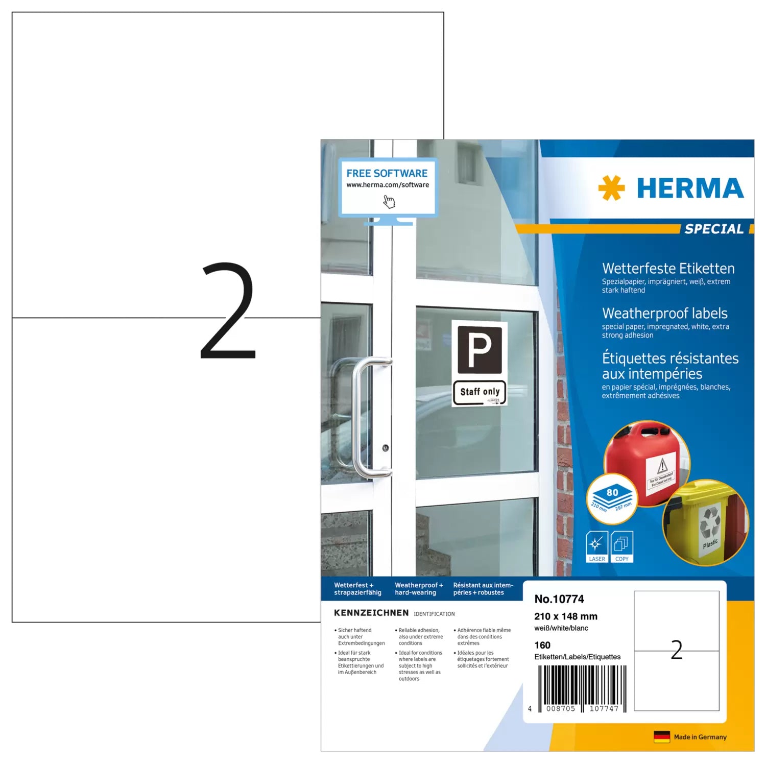 HERMA Wetterfeste Etiketten, 210 mm × 148 mm, weiss, Papier, selbstklebend, 160 Etiketten (80 A4-Blätter)