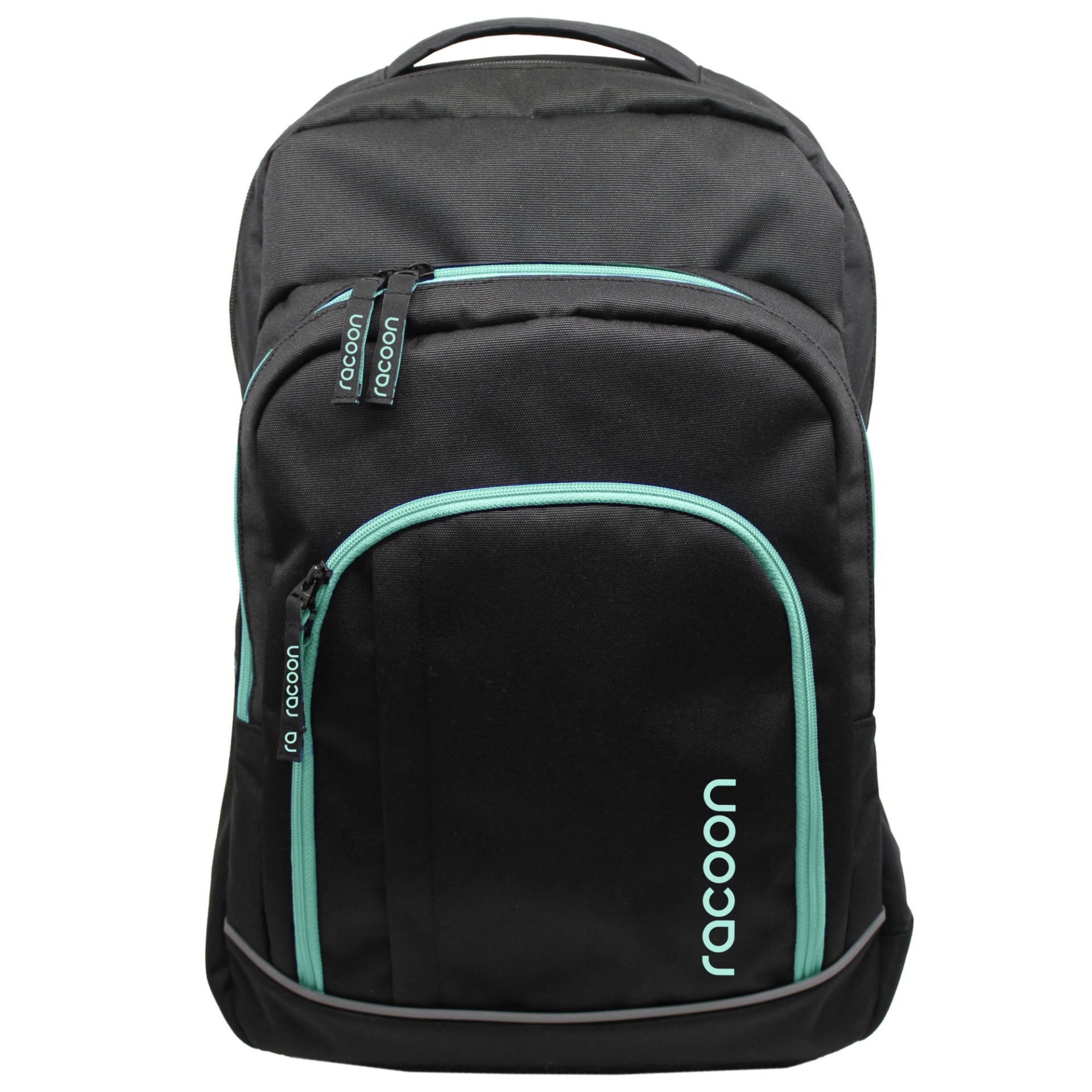 Racoon – Schulrucksack – Schwarz mit grünen Details – Recyceltes PET – 33×48×20 cm, 30 l