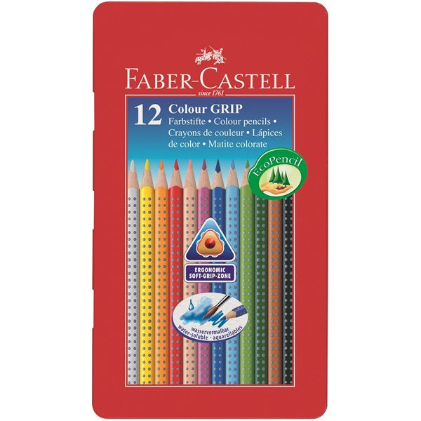 Faber-Castell Aquarellfarbstifte Colour Grip 2001 – 12 Farben, im Metalletui, Ø 3 mm, dreikantig, FSC