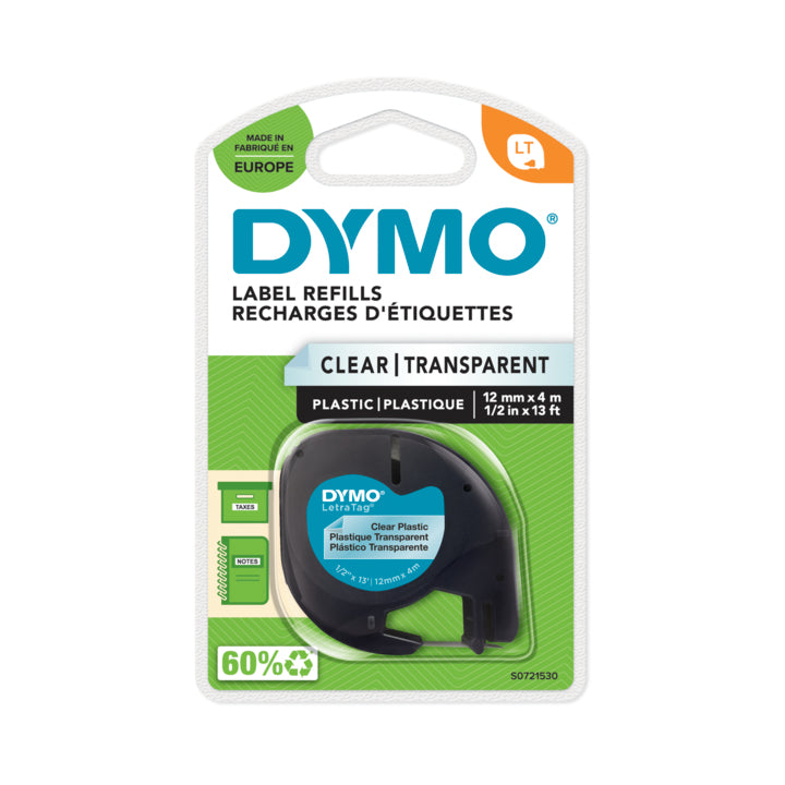 DYMO Schriftband – 12 mm × 4 m, transparent, schwarz, LetraTag