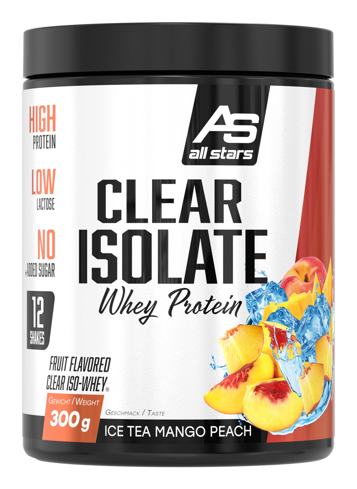 ALL STARS Fitness Products All Stars Clear Isolate Whey Protein Pulver Mango-Pfirsich – glutenfrei – 300 g