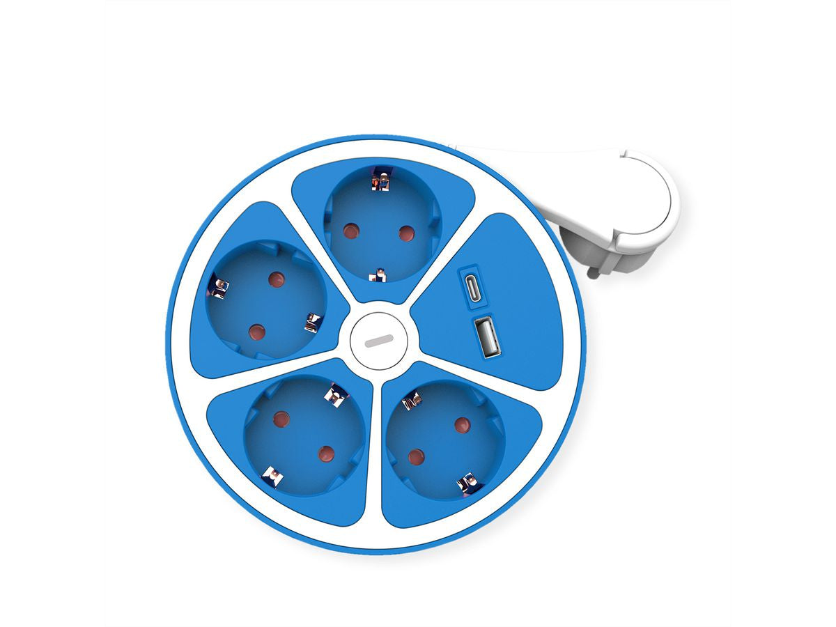ROLINE Steckdosenleiste – 4× Schuko (Typ E/F), USB‑A/C, 1,5 m, mit Schalter, Blau/Weiss