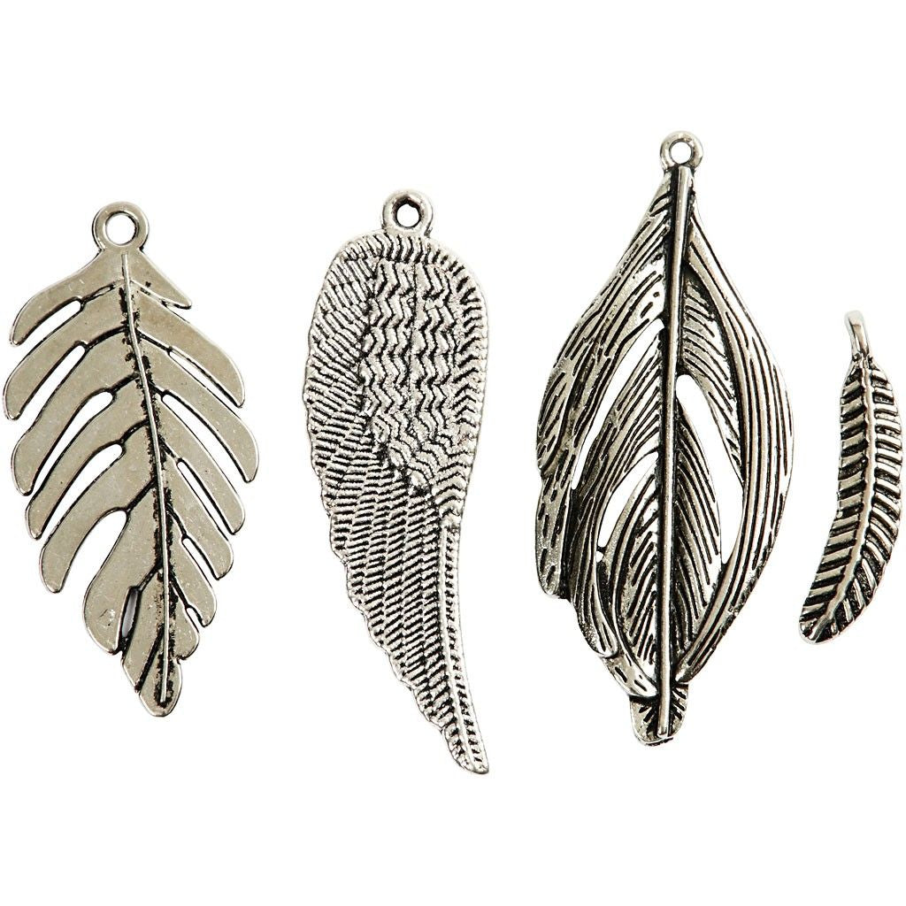 Creativ Company Perlenset, Anhänger (Feder), Metall – Silber – 29–55 mm, Loch 12–20 mm, Grossloch – 40 Stk.