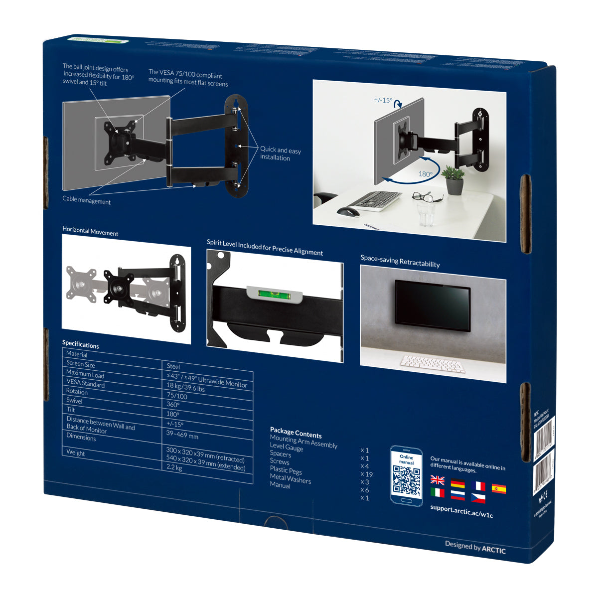 ARCTIC W1C – Monitor-Wandhalterung – 1 Monitor – bis 49" – VESA 75×75/100×100 mm – bis 18 kg/Monitor