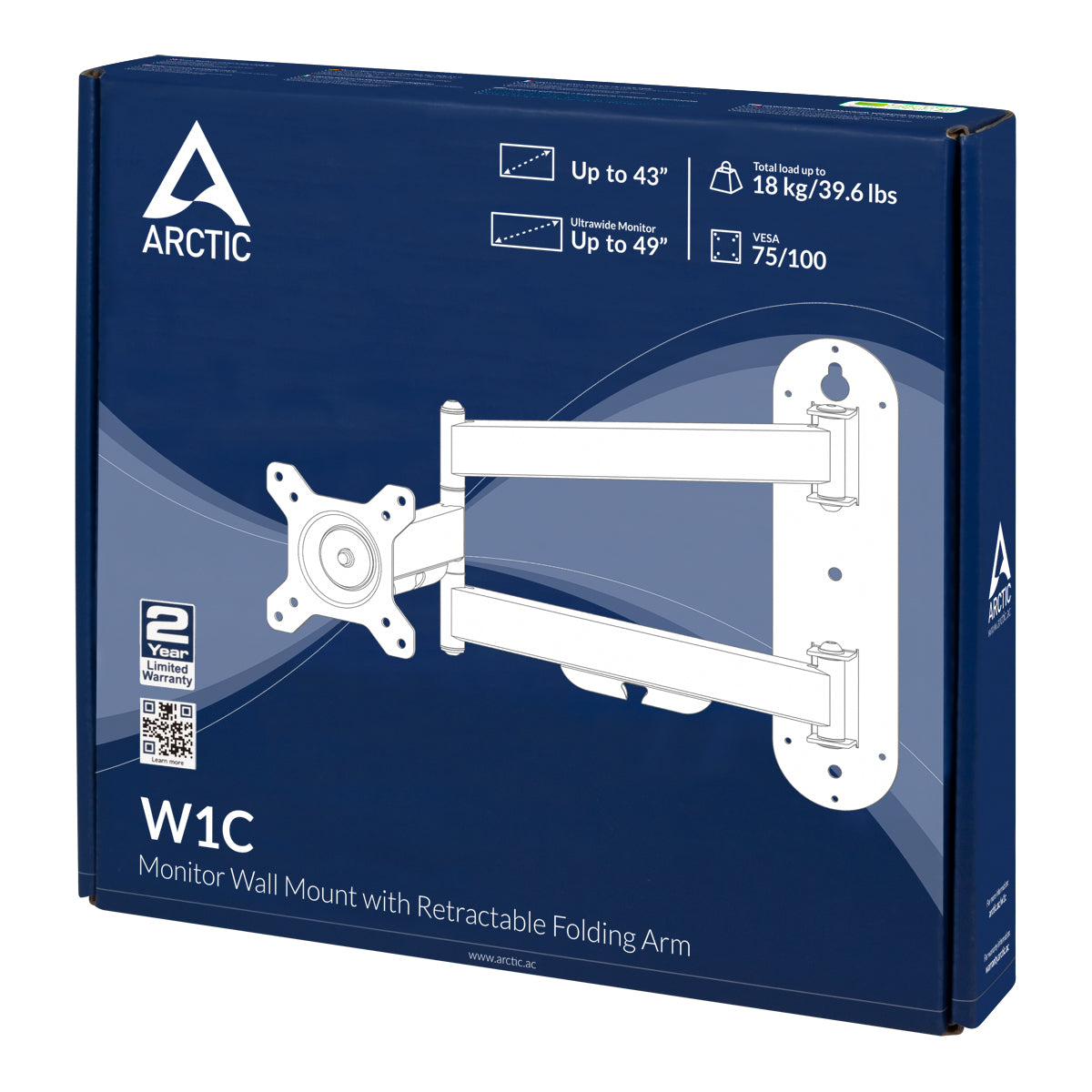 ARCTIC W1C – Monitor-Wandhalterung – 1 Monitor – bis 49" – VESA 75×75/100×100 mm – bis 18 kg/Monitor