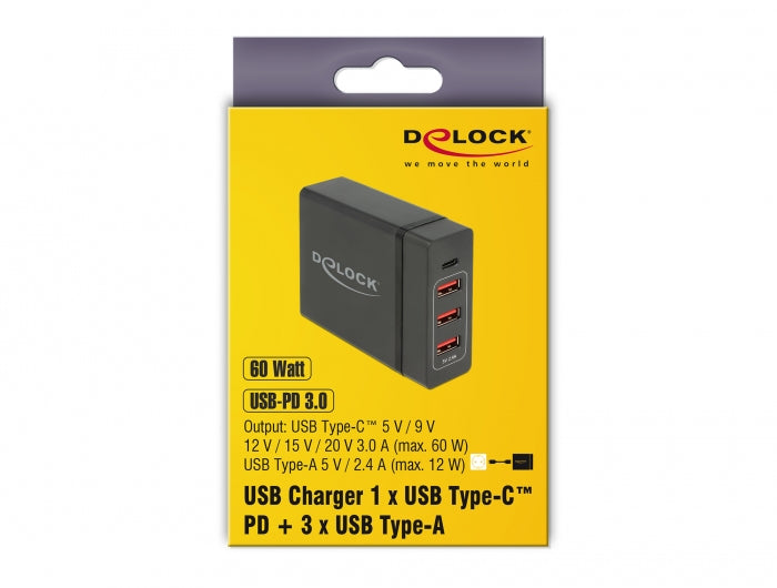 DeLOCK Ladegerät – 60 W, 1× USB-C + 3× USB-A, PD