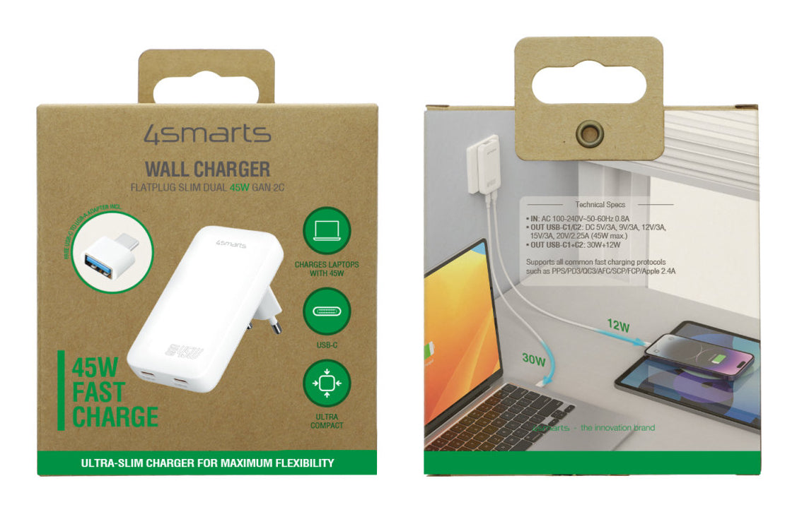 4smarts FlatPlug Slim Dual USB-Ladegerät 45 W – USB-C×2 – GaN – für Nintendo Switch, Laptop und mehr