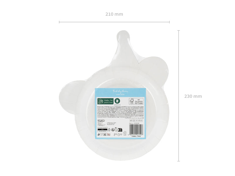 PartyDeco Teller Teddybär-Kopf, Papier/Karton – 21 × 23 cm – 6 Stk.