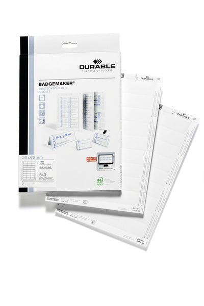 Durable Schuletiketten – für Namensschilder 8006, 8502, 8507 und mehr – 60×30 mm, 540 Stk, 20 Bogen, Papier