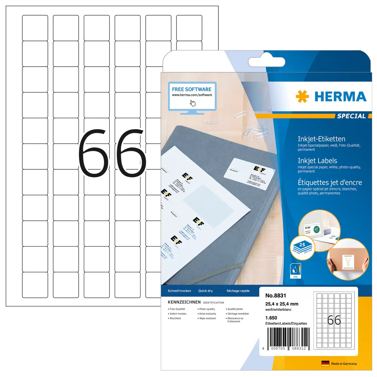 HERMA Druckeretiketten, 25 mm × 25 mm, weiss, Papier, permanent, 25 Blatt
