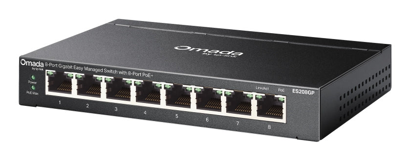 TP-Link Omada ES208GP – Managed L2 Switch – 8× 1G, PoE+, PoE-Budget 64 W, DIN-Schiene