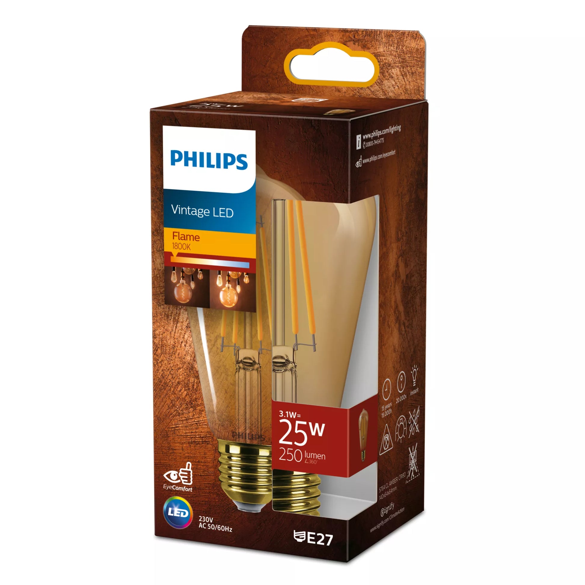Philips by Signify Philips LED-Leuchtmittel E27 ST64 – 250 lm, 3,1 W, Warmweiss 1800 K – 1 Stk. – Bernstein, Glas