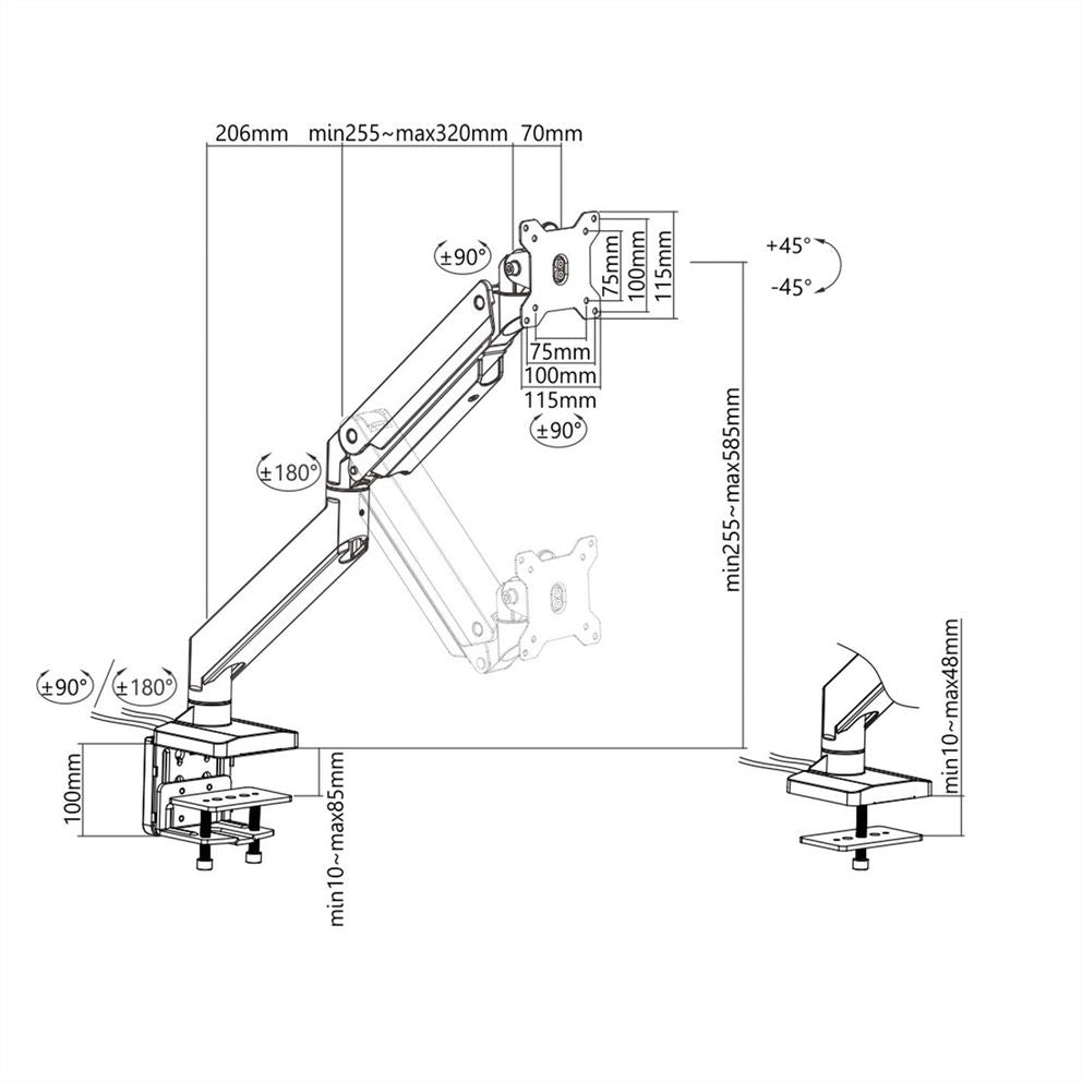 ROLINE Monitorarm Tischhalterung – 1 Monitor – 17–49" – VESA 75×75/100×100 mm – bis 18 kg/Monitor – Gasfeder