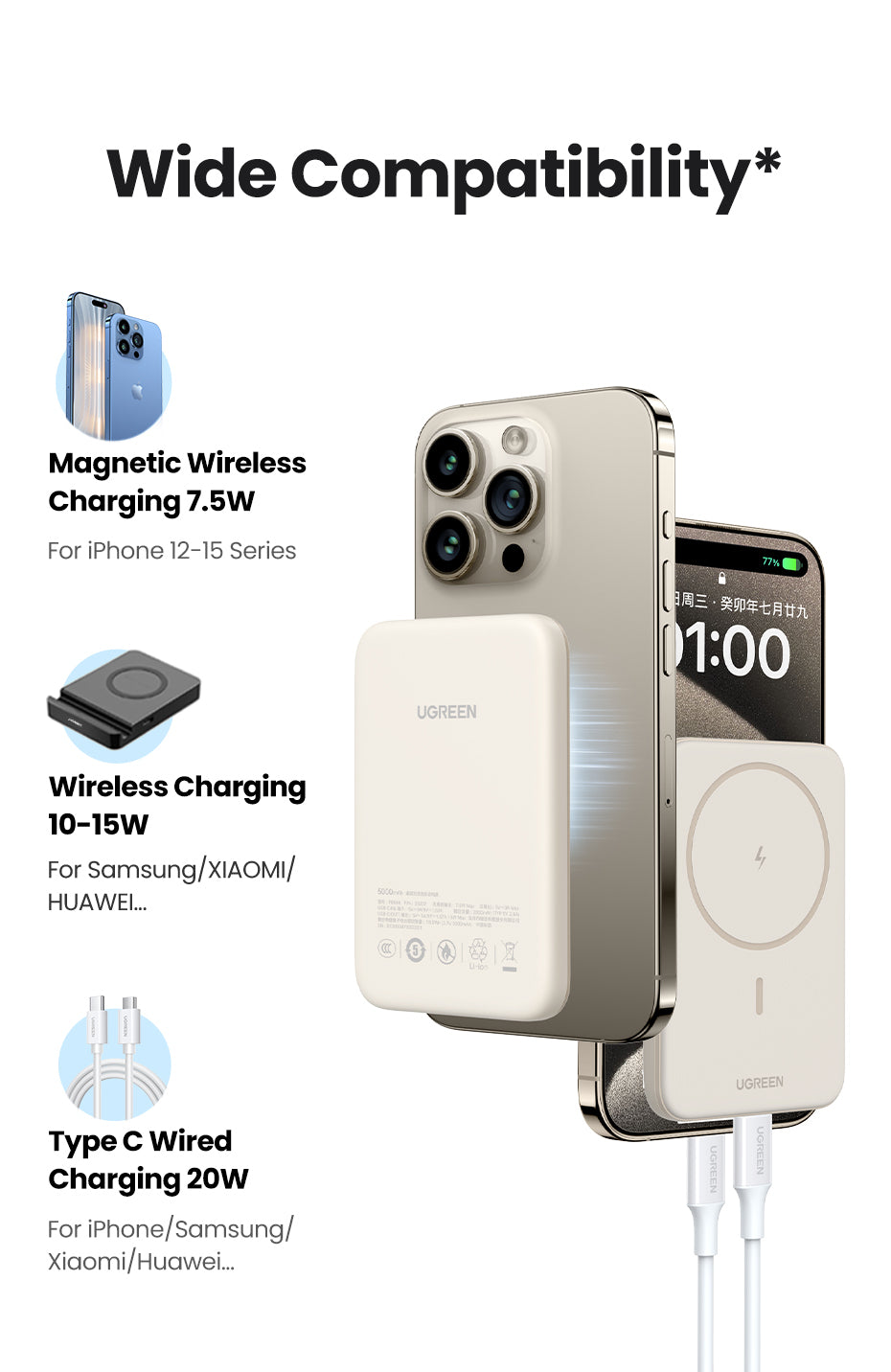 Ugreen MagSafe Powerbank 10'000 mAh – 20 W PD, MagSafe 7,5 W, 1× USB-C, beige, für iPhone 12–15