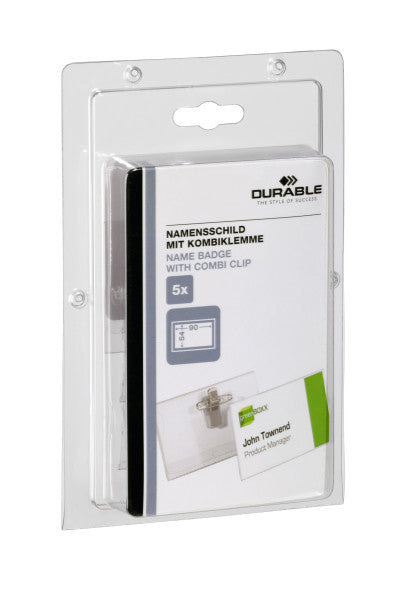 Durable Namensschild mit Kombiklemme – 90 × 54 mm – Kunststoff – transparent – 5 Stk.