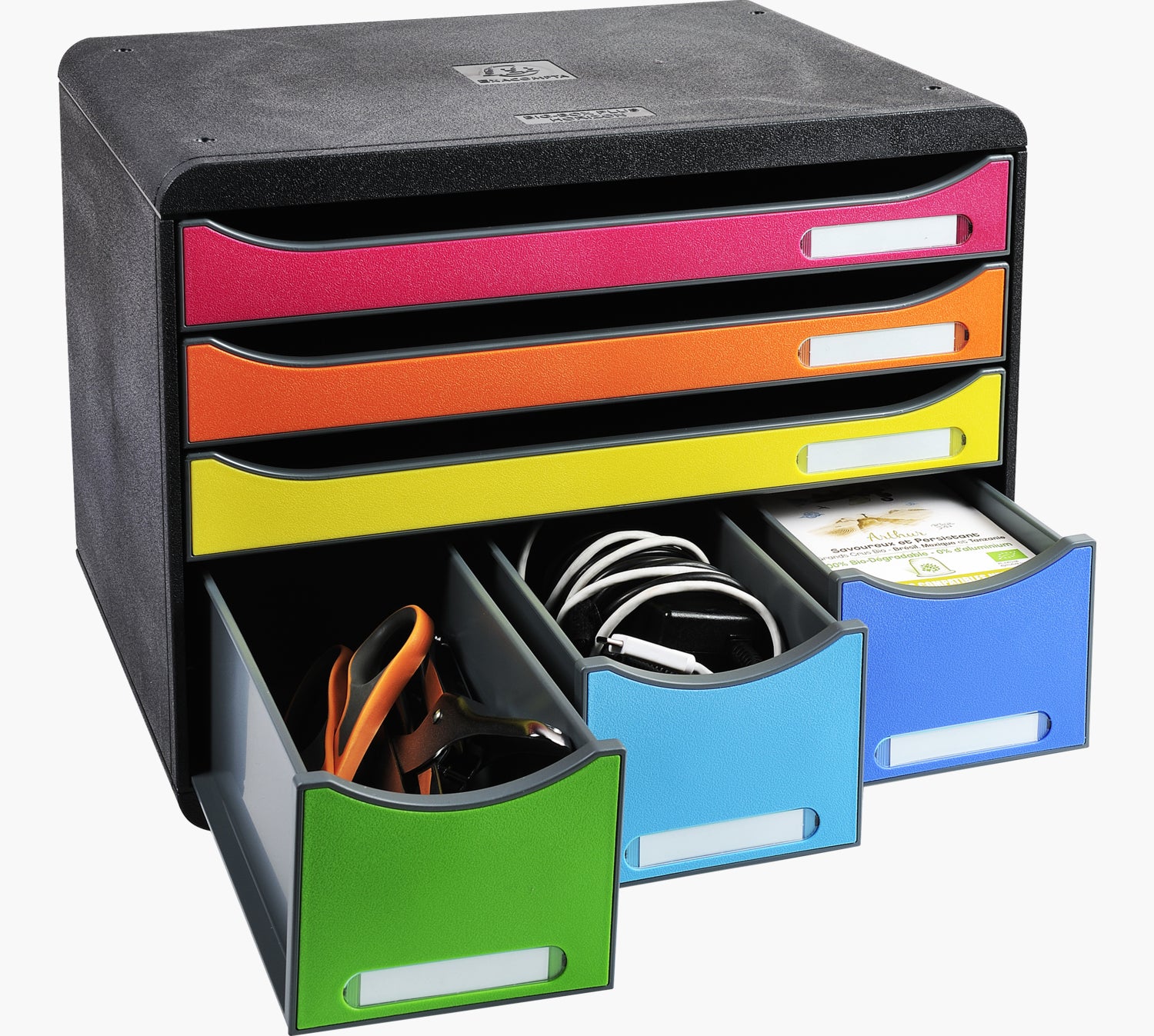 Exacompta 306798D – Schubladenbox – 6 Schubladen, A4+, Schwarz/Mehrfarbig, Kunststoff, 270 × 355 × 271 mm