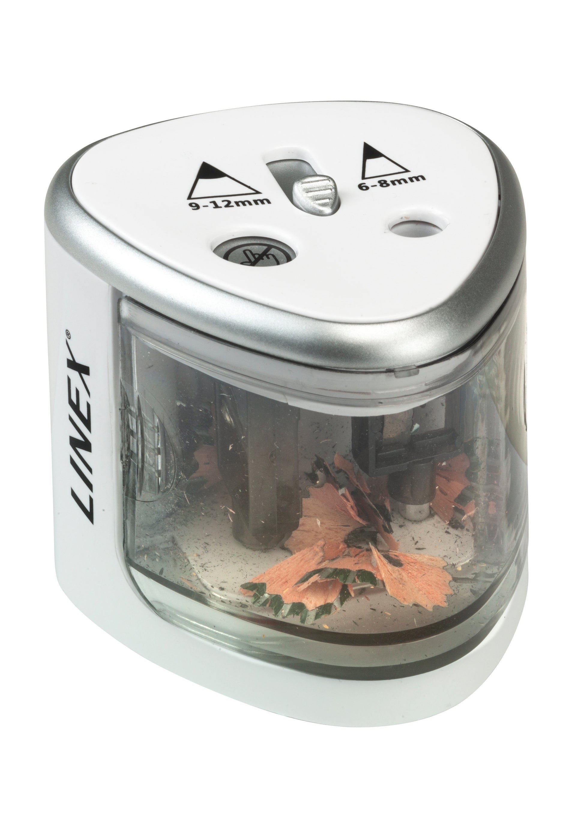 Linex Spitzer – elektrisch, batteriebetrieben, mit Behälter, für Blei- & Buntstifte 6–12 mm, Kunststoff, weiss
