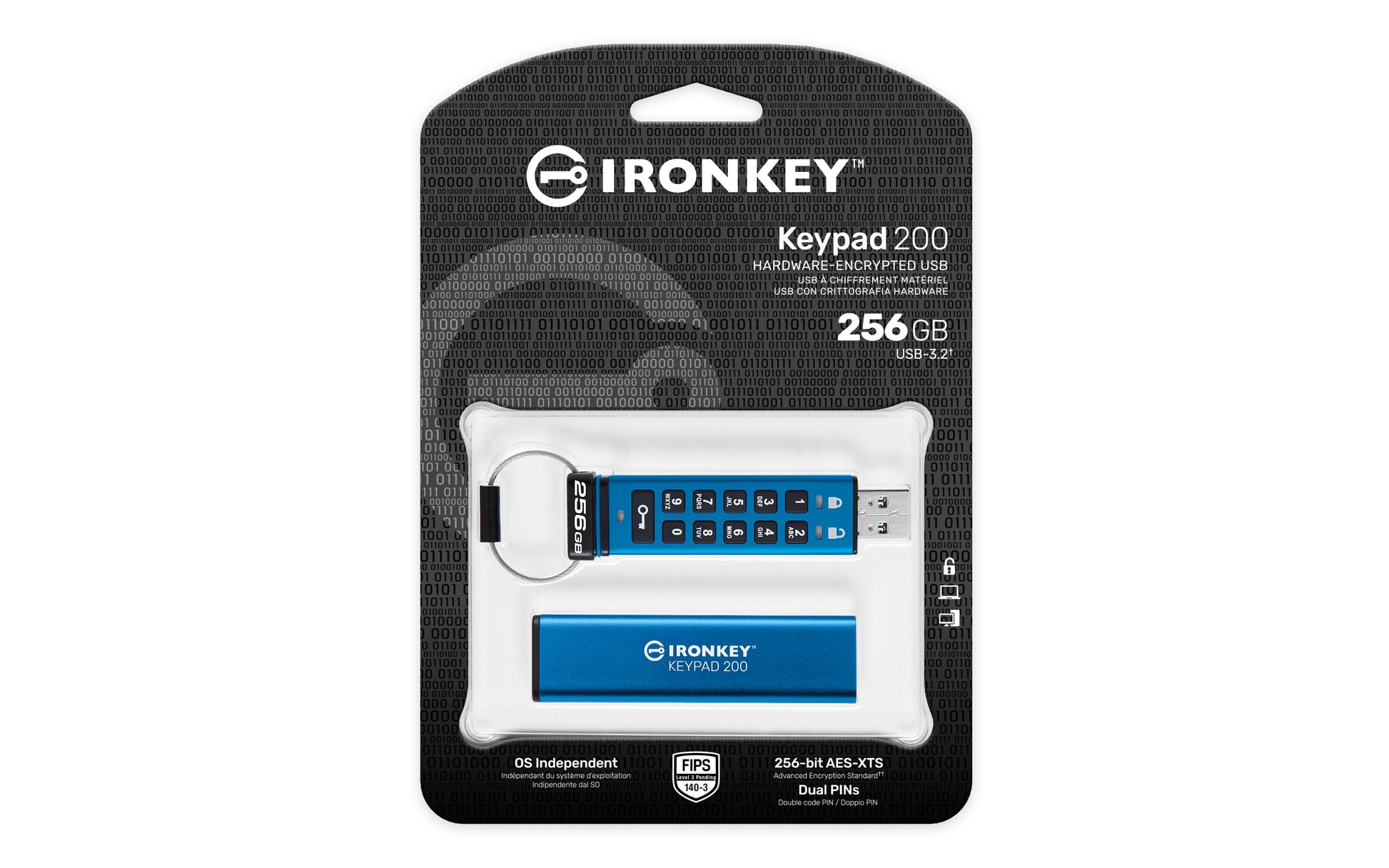 Kingston Technology Kingston IronKey KEYPAD200 USB-Stick – 256 GB, AES-256, FIPS 140-3 Level 3 (ausstehend), Tastenfeld